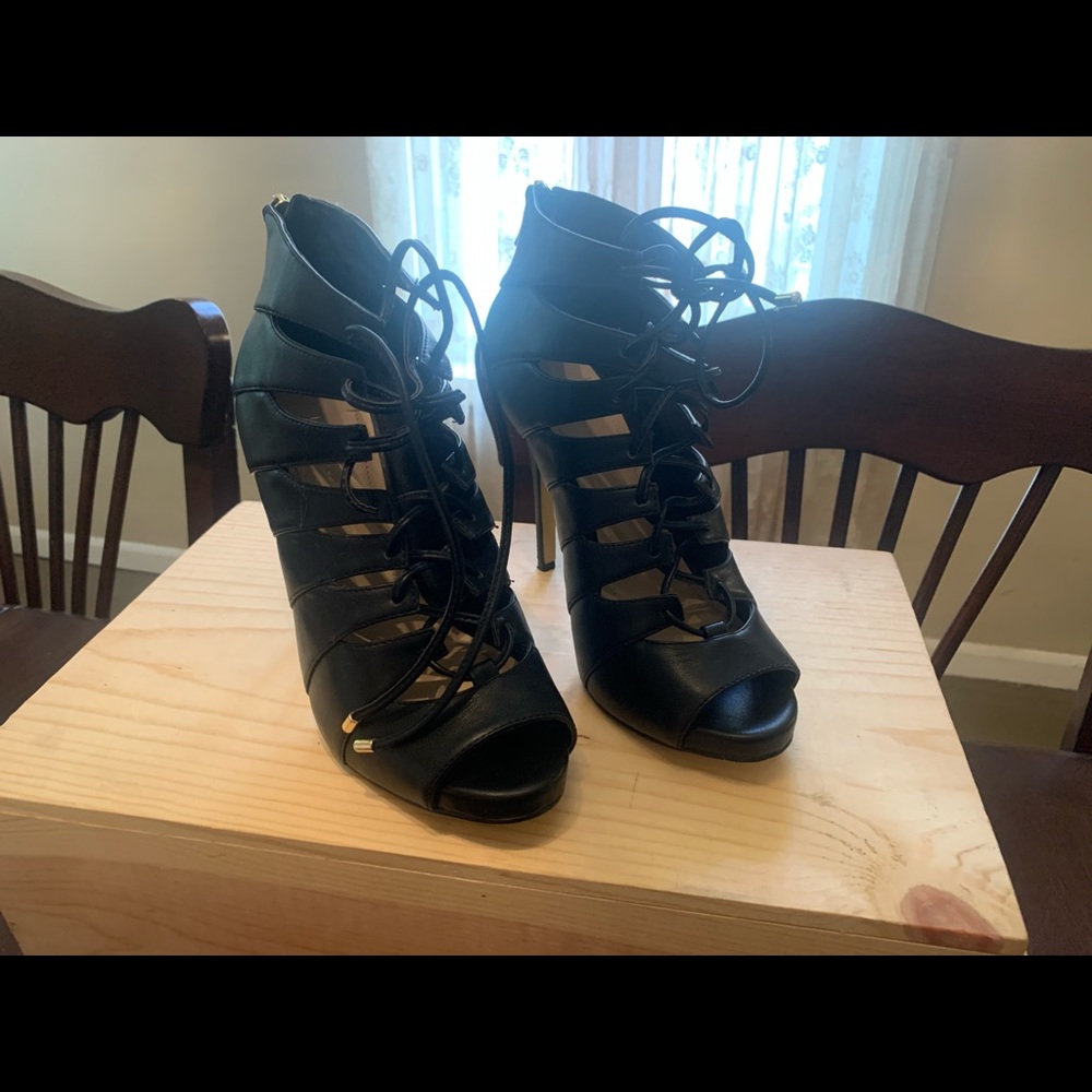 BCBG black leather open toe scrappy heels size 8